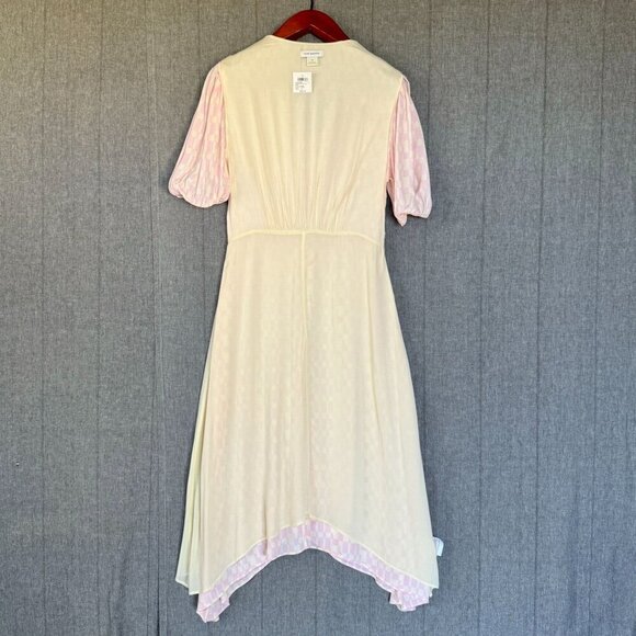 Club Monaco Pink Cream Check Print Puff Sleeve Shark Bite Hem Midi Dress Size 12 - Picture 11 of 16